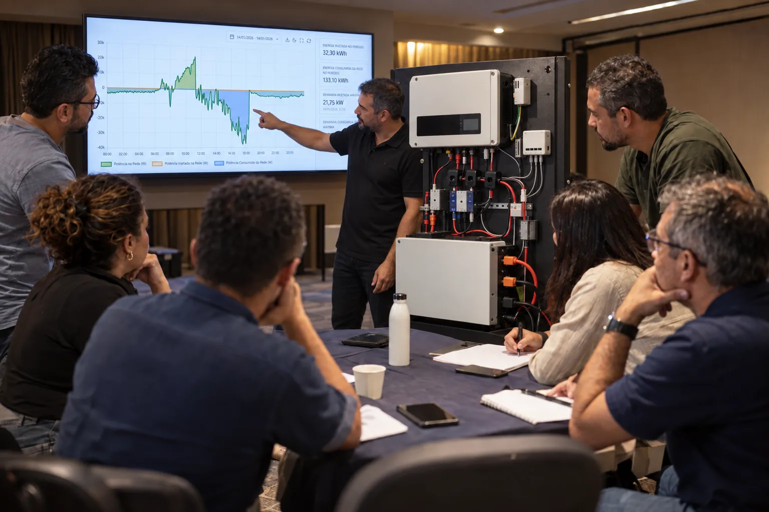 Palestrante mostra na TV o gráfico do analisador de rede, instalado na bancada de demonstração com três TCs nos cabos de fase, a integradores em sala de treinamento